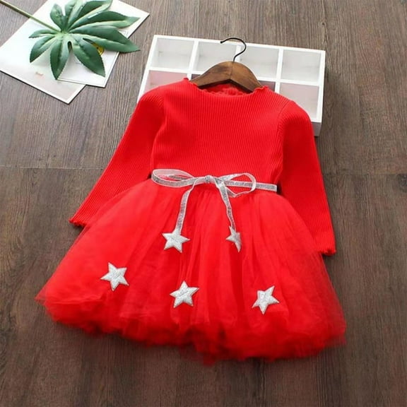 HOMADLES Toddler Girls Dress Crewneck Bow Long Sleeve Mesh Solid Kid Girls Clothing Leisure Breathable Layered Princess Dress Red 1-2T
