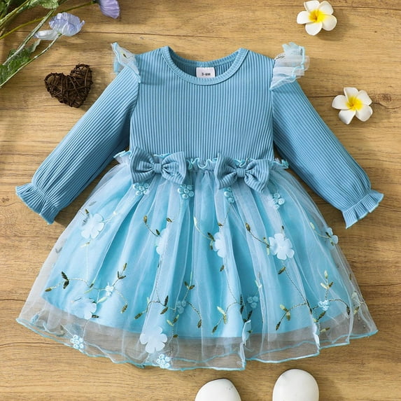 HOMADLES Toddler Girls Dress Crewneck Bow Solid Long Sleeve Kid Girls Clothing Leisure Breathable Mesh Soft Layered Dress Sky Blue 11