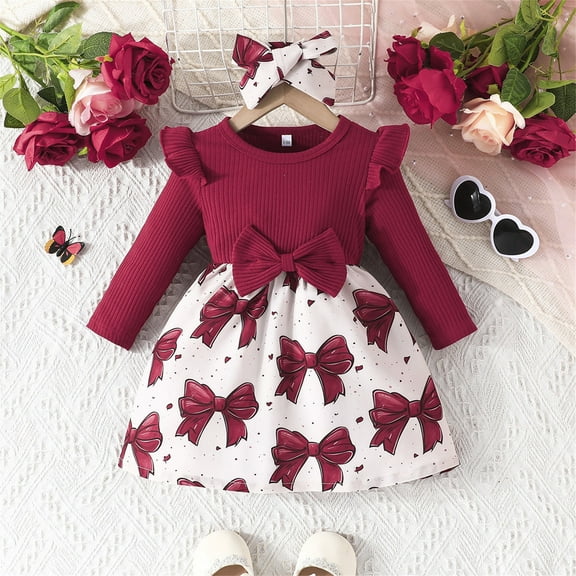 HOMADLES Toddler Girls Dress Crewneck Long Sleeve Solid Kid Girls Clothing Leisure Layered Dress Wine 6 Months