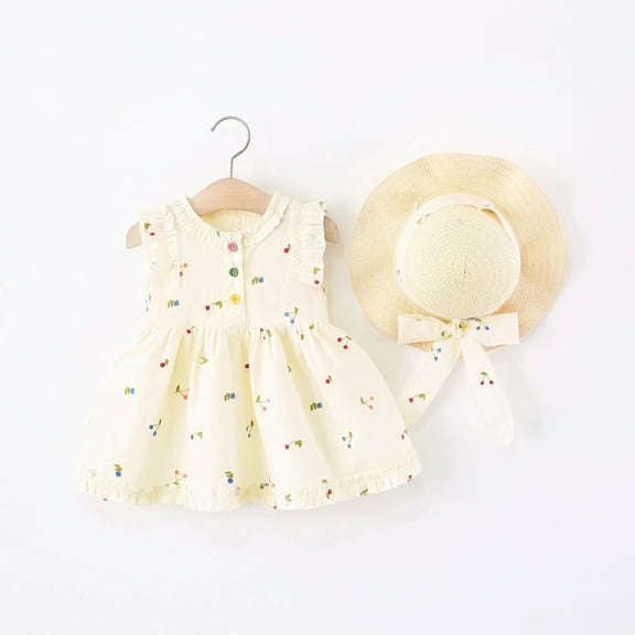 HOMADLES Toddler Girls Dress Sleeveless Soft Flower Print Stretch Summer with Hat Princess Dress Beige 18 Months