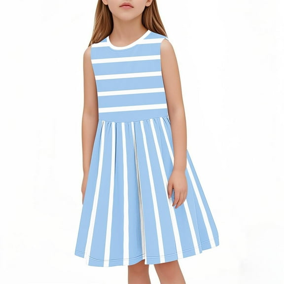 HOMADLES Toddler Girls Dress Summer Crewneck Stripe Print Layered Breathable Stretch Princess Dress Blue 4 T