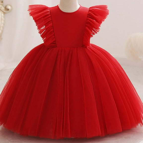 HOMADLES Toddler Girls Dress Summer Crewneck Bow Mesh Sleeveless Ruffed Layered Stretch Princess Dress Red 9-10T
