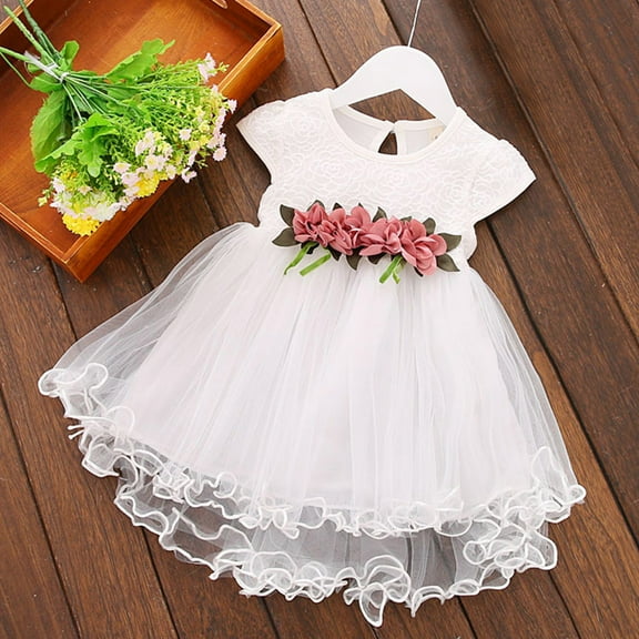HOMADLES Toddler Kid Dress Crewneck Cotton Mesh Ruffed Flower Stretch Ruffed Summer Princess Dress Dress White 12