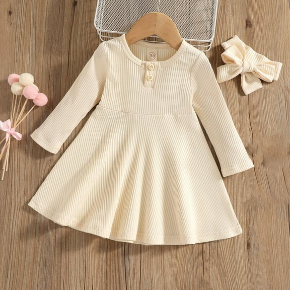 HOMADLES Toddler Kids Baby Girl Dress Long Sleeve Kint Crewneck Solid Girls Fall Clothes Casual Dress White 2-3T