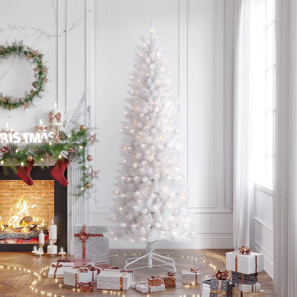 HOMAKER 7.5ft White Christmas Tree w/ UL Certified 380 Prelit 380 Warm Lights, Holiday Fraser