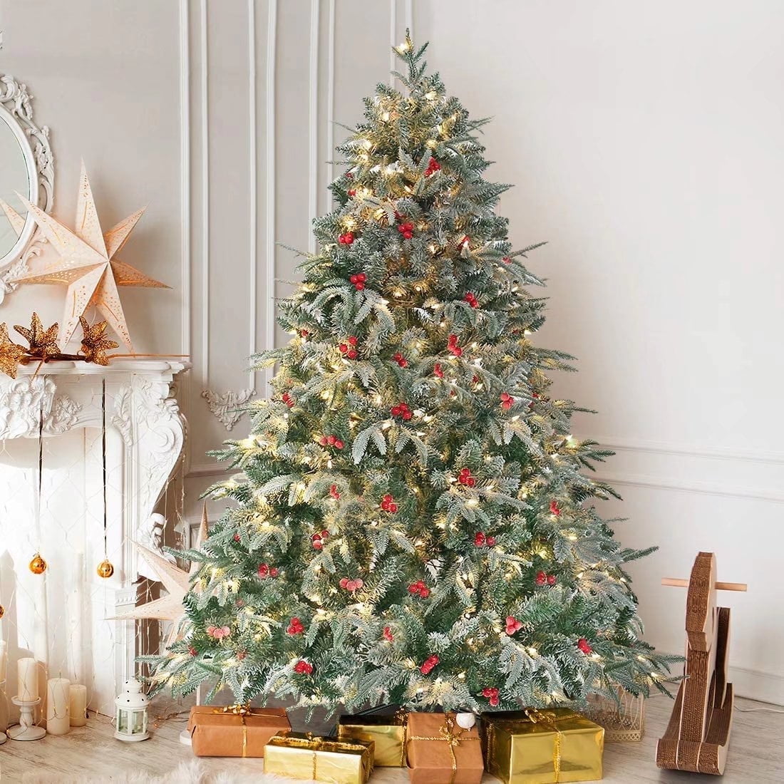 Jostyle Pre-Lit 7.5ft Artificial Christmas Tree, Feel Real Snow Flocked PE Tree 750 Clear Lights, Red Berries