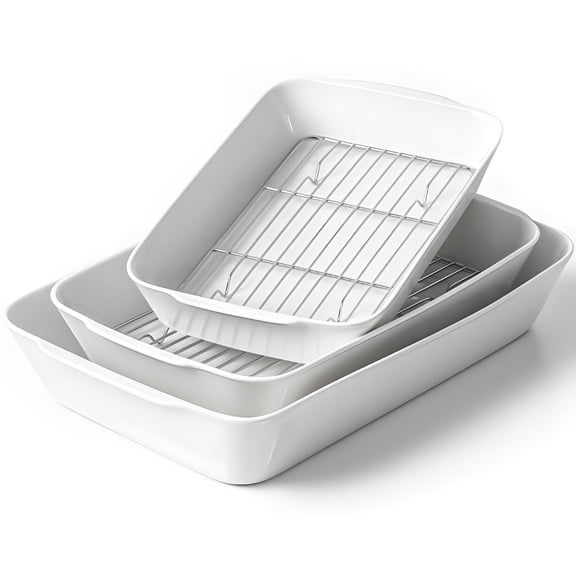 HOMBENE Casserole Dishes for Oven, Ceramic Baking Dishes Set of 3 with Roasting Racks, Rectangular Lasagna Pan with Handles for Baking, Gift, Dinner Microwave Oven Safe (2QT/3QT/4.2QT)