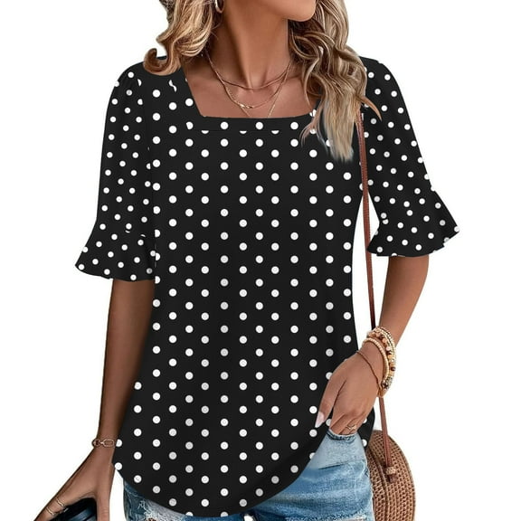 HOMBOM 2025 Blouses for Women Black Tunic Spring Polka Dot Short Sleeve Square Neck Bell Sleeve Shirts M