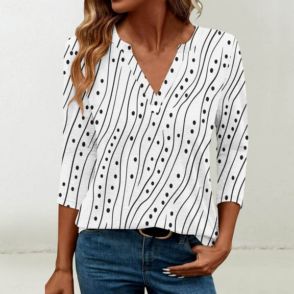 HOMBOM 3/4 Sleeve Blouses for Women V Neck White Pullover Fall Polka Dot T Shirt