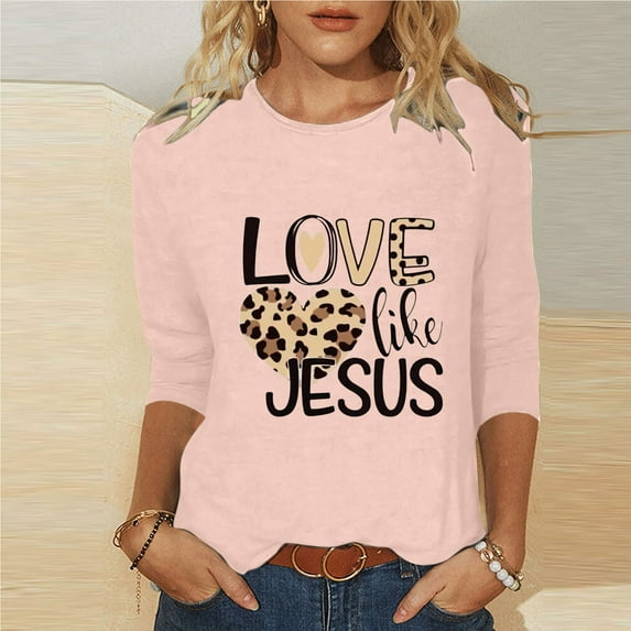 HOMBOM 3/4 Sleeve Easter Tops Women Pink Casual Tops LOVE LIKE JESUS Crew Neck Womens Tops Clearance Under $5 XXL