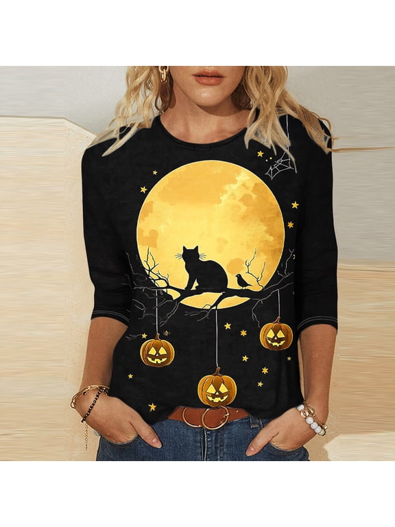 3/4 Sleeve Essentials T Shirt for Women Halloween Witch Print Crewneck Cozy Basic Fall Young Womens Tees Summer Tops,S