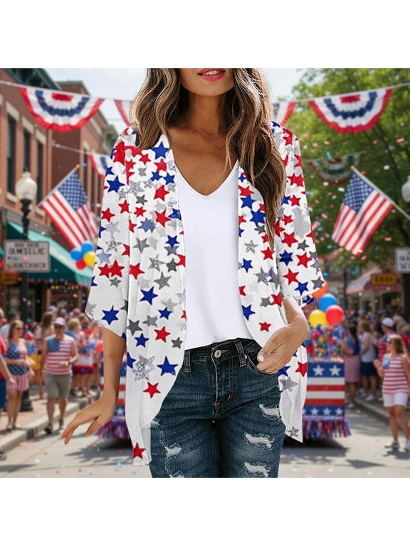 3/4 Sleeve Kimono for Women Cardigan Boho Dusters Lightweight Vacation 4th of July Breathable Young Womens Cover Ups