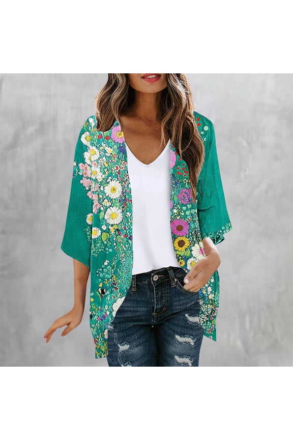 3/4 Sleeve Kimono for Women Lightweight Beach Cardigan Open Front Dusters Floral Soft Young Womens Cover Ups Casual