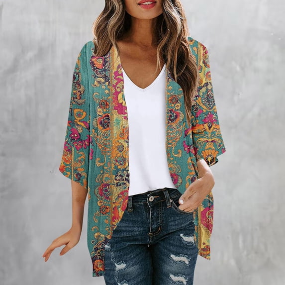 HOMBOM 3/4 Sleeve Kimono for Women Summer Lightweight Cardigan Dusters Soft Floral Resort Young Womens Cover Ups