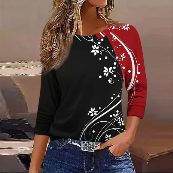 HOMBOM 3/4 Sleeve Shirts for Women Black Crew Neck Pullover Floral Summer Graphic T Shirt