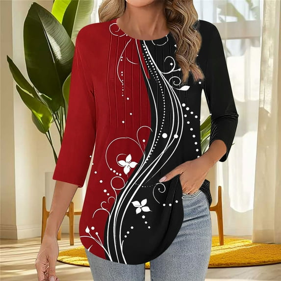 HOMBOM 3/4 Sleeve Shirts for Women Crew Neck Red Blouse Fashion Color Block Front Pleated Shirt