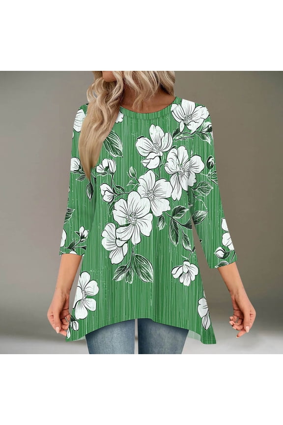 3/4 Sleeve Shirts for Women Green Western Crew Neck Holiday 2025 Floral Long Tunic Blouse