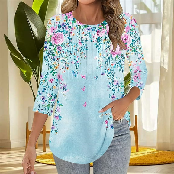 HOMBOM 3/4 Sleeve Shirts for Women Light Blue Crew Neck Blouse Tunic Flowers Graphic Front Pleated Tee