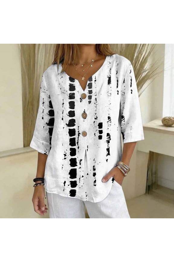 3/4 Sleeve Shirts for Women Summer Blouse Henley Resort Wear V-Neck Smart Casual Graphic Ladies Tops