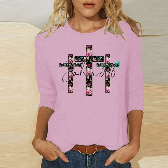 HOMBOM 3/4 Sleeve Summer Tops For Women Pink Easter Cross Print Crew Neck Shirts Spring Womens Easter Shirts M