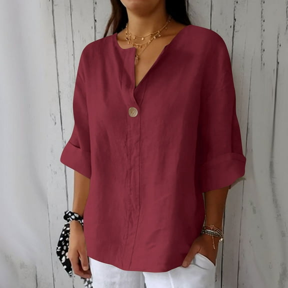 HOMBOM 3/4 Sleeve T Shirts for Women Cute V-Neck Wine Solid Color Cotton Linen Loose Blouse