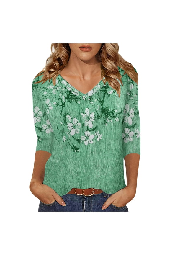 3/4 Sleeve Tops for Women V-Neck Tunnic Green New arrivals Temperament Floral Graphic T-Shirts