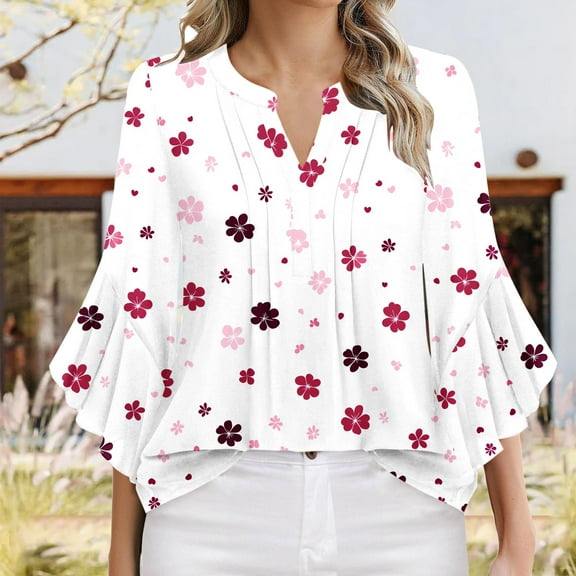HOMBOM 3/4 Sleeve Women Blouses Ruffle Sleeves White V-Neck Business New arrivals Floral Temperament Blouse
