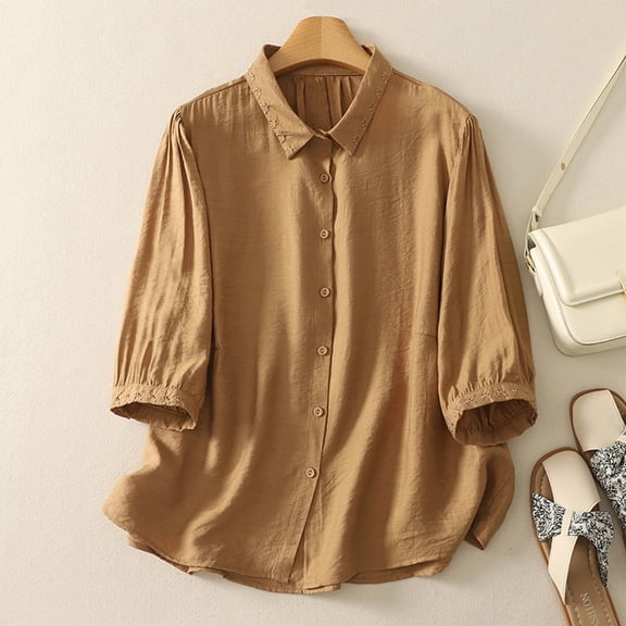HOMBOM 3/4 Sleeve Women Shirts Fall Collared Khaki Button down Loose Solid Color Cotton Linen Blouse