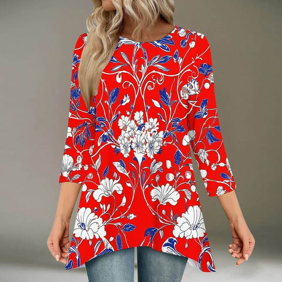 HOMBOM 3/4 Sleeve Women Shirts Fall Red Crew Neck Floral Loose Vacation Long Tunic Blouse