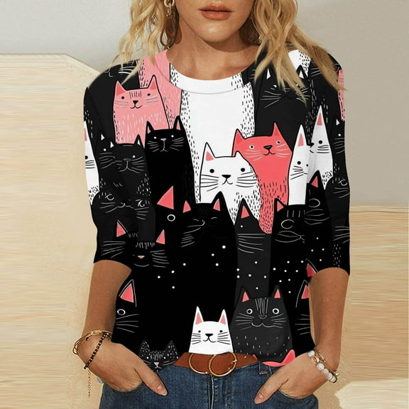 HOMBOM 3/4 Sleeve Women Tops Black Crew Neck Trendy Cat Casual Graphic Pattern Loose T-Shirts