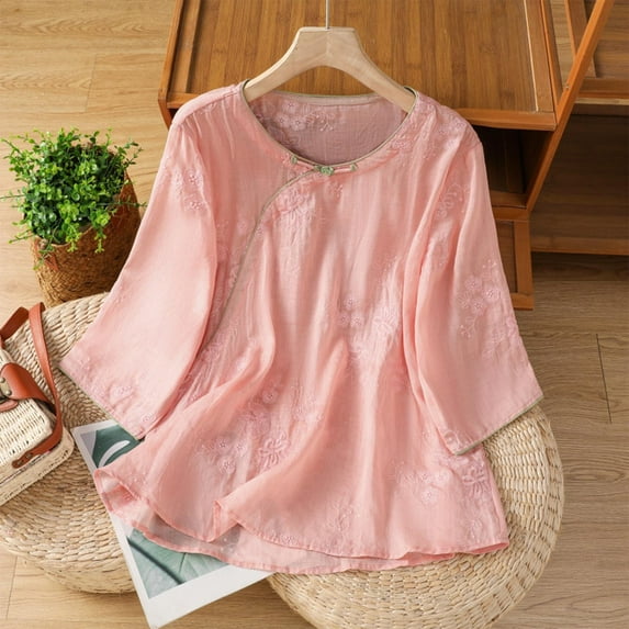 HOMBOM 3/4 Sleeve Women Tops Cotton Linen Pink Basic Vacation Floral Crew Neck 2025 Blouse