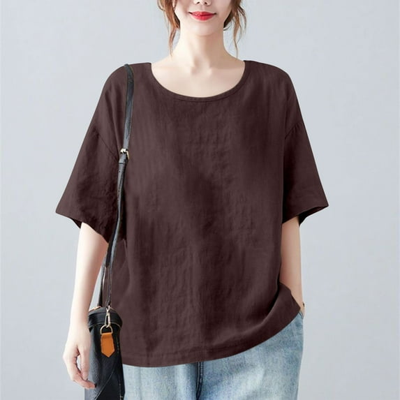 HOMBOM 3/4 Sleeve Women Tops Crew Neck Coffee Trendy Cotton Linen Loose Solid Color Tunnic Blouse