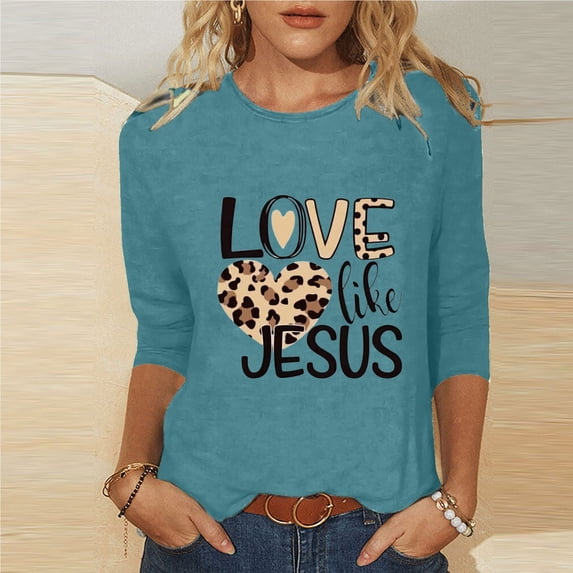 HOMBOM 3/4 Sleeve Womens Dressy Easter Tops Blue Casual Tops Crew Neck LOVE LIKE JESUS Cute Tops For Women M