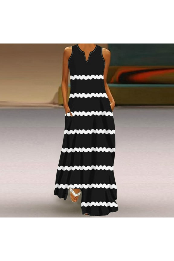 A-Line Dress for Women Black Sleeveless Maxi Dresses for Women Striped V-Neck Retro 1950s Dresses S