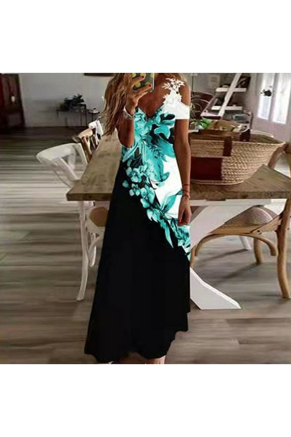A-Line Dress for Women Short Sleeve Blue Maxi Dresses for Women Floral Deep V-Neck Dresses for 1950 XL