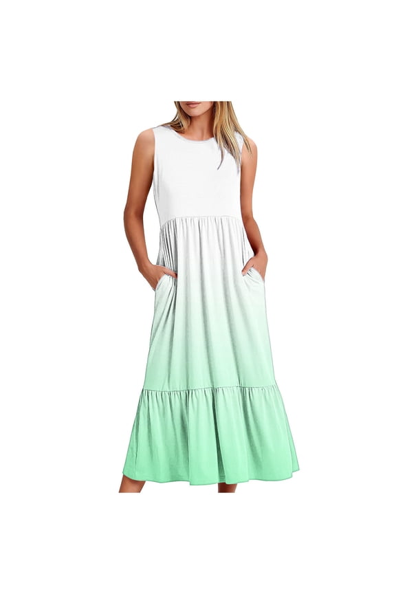 A-Line Dresses 1950s Dresses Crew Neck Sleeveless Gradient Mid-Length Green Casual Dresses M