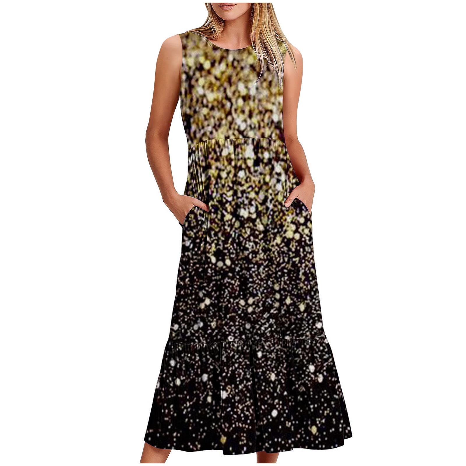 HOMBOM A-Line Dresses Sun Dresses Women Sleeveless Crew Neck Long ...