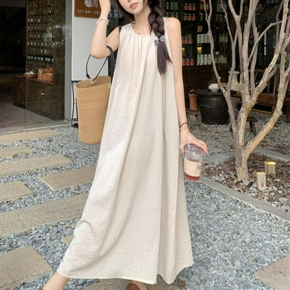 HOMBOM A-Line Womens Dresses Pleated Tropical Khaki Maxi Beach Solid Crew Neck Dresses