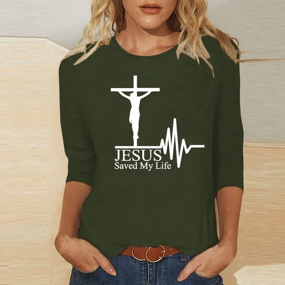 HOMBOM Army Green Cute Tops For Women Y2k 3/4 Sleeve Crew Neck Shirts Easter Cross Print Easter Clothes Women L