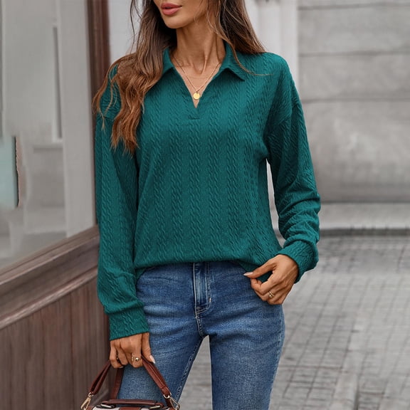 HOMBOM Army Green Knit Tops for Women Turn down Collar Fall Long Sleeve Shirts Solid Ladies Loose