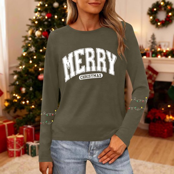 HOMBOM Army Green Tops for Women Long Sleeve Christmas Outfits Ugly Snowflakes Xmas Womens T Shirts