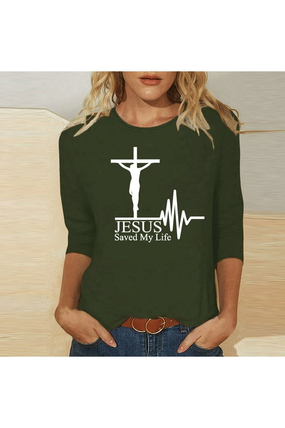 Army Green Trendy Tops For Women 2023 3/4 Sleeve Shirts Easter Cross Print Crew Neck Easter Tops Women XXL