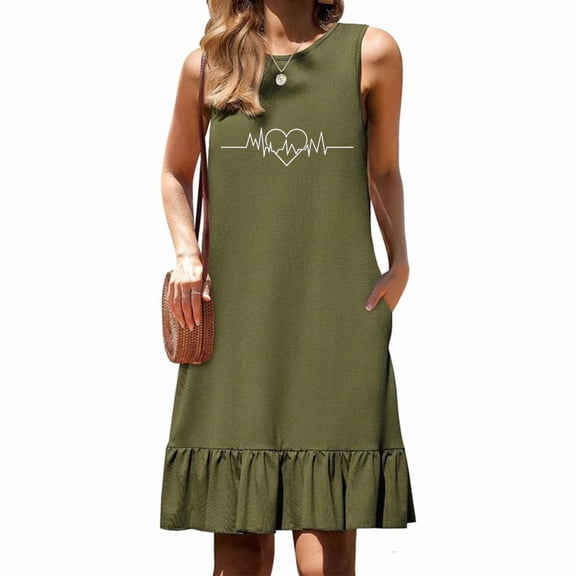 HOMBOM Army Green Womens Dresses Midi Birthday T-Shirt Tank Crew Neck Tiered Hem Hawaiian Heart Womens Summer Dresses with Pockets