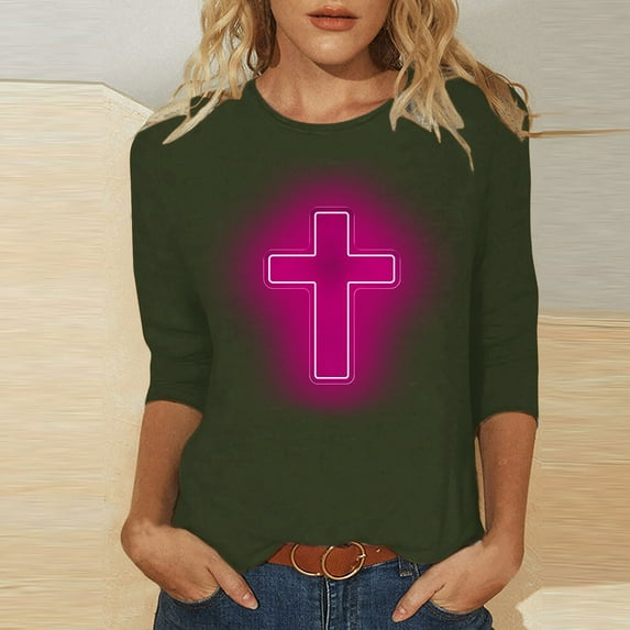 HOMBOM Army Green Womens Summer Tops Clearance Under $5 3/4 Sleeve Round Neck Shirts Easter Cross Print Spring Womens Easter Shirts M