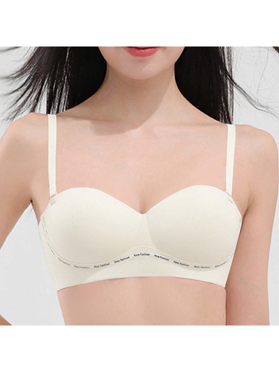 No Underwire Bras for Women Lightly Lined Soft Cup Balconette Bras No Underwire Spaghetti Straps White Wireless Brassiere 32A