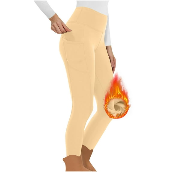 HOMBOM Beige Fleece Leggings for Womens with Pockets Athletic No Front Seam Butter Soft Sports Ladies Pants High Waist XL