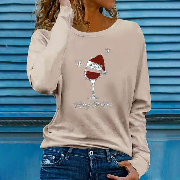 HOMBOM Beige Shirts for Women Christmas Pullover Long Sleeve Graphic Reindeer Crewneck Womens Blouse