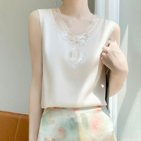 HOMBOM Beige Summer Tops for Women 2025 Cutout Solid Color Sleeveless Ice Silk Lace Patchwork V-Neck Shirt