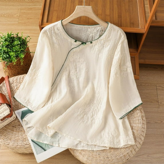 HOMBOM Beige T Shirts for Women Cute 3/4 Sleeve Cotton Linen Holiday Loose Crew Neck Flower Blouse