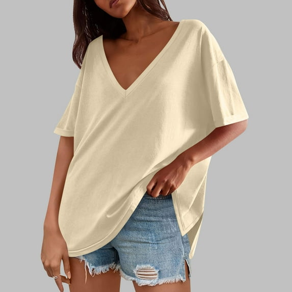 HOMBOM Beige Tops for Women Casual Drop-Shoulder Solid Slit Hem Short Sleeve V Neck Blouse 2XL